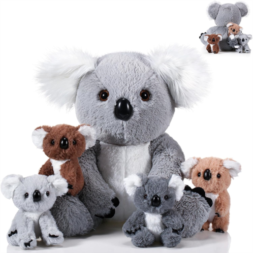 Lenwen 5 Pcs Koala Bear Stuffed Animal Set 12.6 Inch Mommy Koala Plush with 4 Cute Babies in Her Zippered Tummy Soft Cuddly Nursery Koala Plushie for Boys Girls Birthday Baby Showe