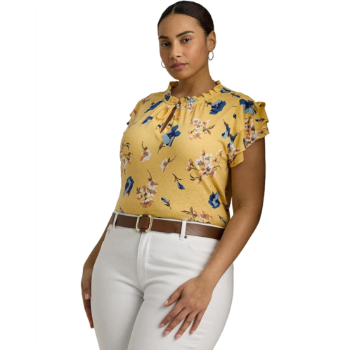 POLO RALPH LAUREN Womens Lauren Ralph Lauren Plus-Size Floral Linen-Blend Jersey Tie-Neck Top