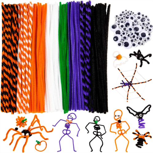 Whaline 500Pcs Halloween Pipe Cleaners Set Includes 8 Colors Chenille Stems 5 Sizes Wiggle Googly Eyes 4 Sizes Pompoms for Halloween Party DIY Art Craft Supplies (Black, Orange, Wh