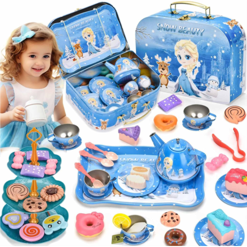 Lajeje 52Pcs Tea Party Set for Little Girls-Frozen Toys for Girls, Elsa Princess Tea Party Set for Little Girls, Kitchen Pretend Toy with Tin Tea Set, Desserts, Birthday Gift for Age 3-6