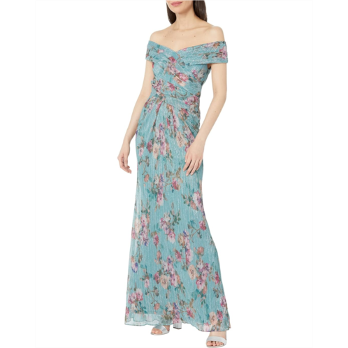 Adrianna Papell Off-the-Shoulder Printed Metallic Crinkle Ruched Gown