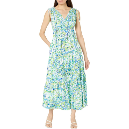 Maggy London Floral Print Maxi with Shoulder Gather Dress