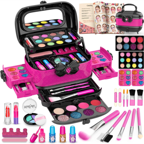 Hollyhi 58 Pcs Kids Makeup Kit for Girl, Princess Toys Real Washable Cosmetic Set with Mirror, Kids Makeup Sets for Girls, Play Make Up Birthday Gifts for 3 4 5 6 7 8 9 10 11 12 Ye