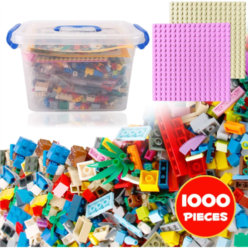 Liberty Imports 1000 PCS Bucket of Mini Building Bricks Playset with Base Plates, 16 Color Classic and Pastel Mix Blocks Set in Carrying Case, Tight Fit and Compatible with All Maj