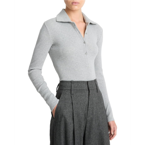 Womens Vince Ribbed Long Sleeve Collared Polo