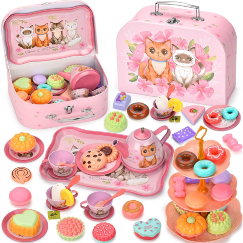 Lajeje Cat Tea Party Set for Little Girls - 49pcs Pretend Play Toy, Birthday Gift for Toddlers Ages 3 4 5 6 Year Old, Includes Kitten Tin Tea Set, Desserts, and Carrying Case, Cat