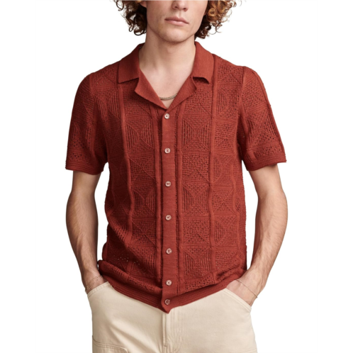 Mens Lucky Brand Crochet Camp Collar Short Sleeve Shirt