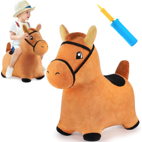 iPlay, iLearn Bouncy Pals Brown Hopping Horse, Toddler Plush Animal Hopper Toy, Kids Inflatable Ride on Bouncer W/Pump, Indoor Outdoor Jumper, Birthday Gifts for 18 24 Months 2 3 Y