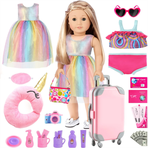 GIFTINBOX 29PCS 18 Inch Girl Doll Clothes and Accessories-Travel Play Set for Dolls, Doll Stuff with Clothes, Luggage, Swimsuit, Wallet cashes... Gifts for Girls Birthday, Christma