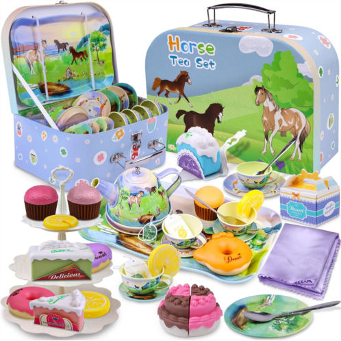 PRE-WORLD Tea Party Set for Little Girls,50PCS Princess Horse Tea Time Toy Including Food Sweet Treats Playsets,Teapot Tray Cake,Tablecloth & Carrying Case,Kids Kitchen Pretend Play for Girl