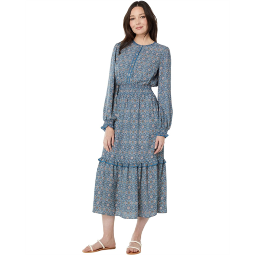 Max Studio Crepe Long Sleeve Smocked Midi Dress