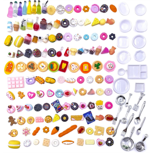 HKLMRO 150Pcs Miniature Food Drink Bottles Adults Dollhouse Soda Pop Cans Pretend Play Kitchen Cooking Game Party Accessories Toys Hamburger Cake Ice Cream Pizza Bread Tableware Do