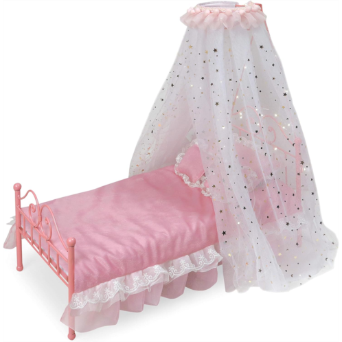 Badger Basket Starlights Toy Metal Doll Bed with Canopy, Lights, and Bedding for 18 inch Dolls - Pink