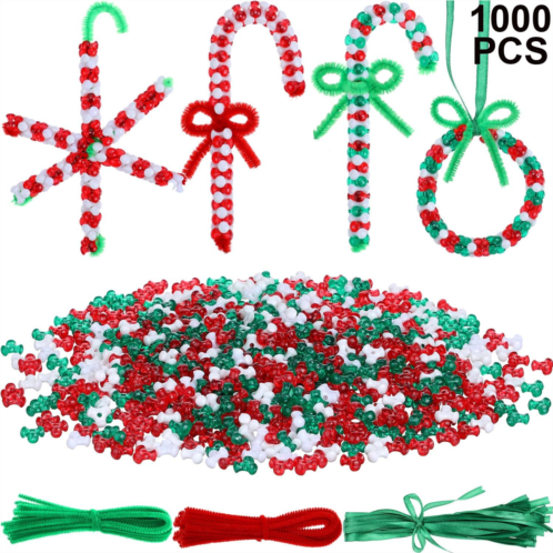 WILLBOND Christmas Tri-Shaped Beads Plastic Tri Beads with 50 Pieces White Chenille Stems Pipe Cleaners for Christmas Party DIY Supplies