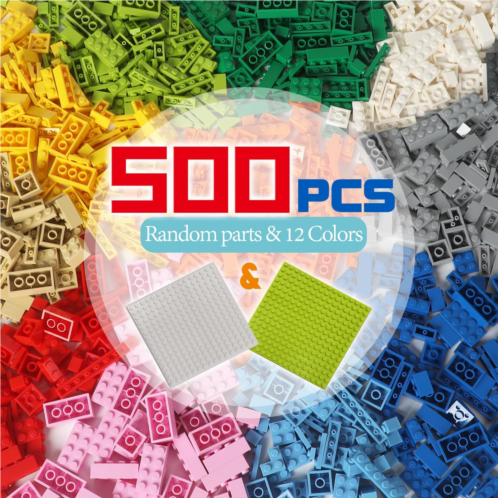 ekuzi Class Building Bricks 500 Pieces Building Blocks & 2PCS of Base Plate,Building Blocks Box Set Compatible with Lego Classic