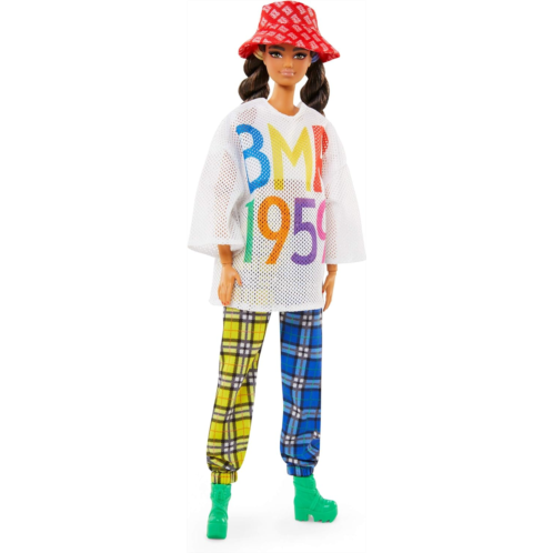 Barbie BMR1959 12-inch Poseable Fashion Doll (Brunette) with Mesh Tee, Plaid Joggers & Bucket Hat