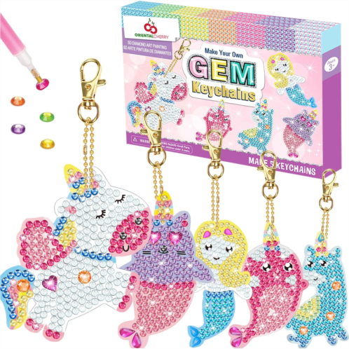 Oriental Cherry Arts and Crafts for Kids Ages 8-12 - Make Your Own GEM Keychains - 5D Diamond Art Painting by Numbers Kits Girls Kids Toddler Ages 3-5 4-6 6-8 Easter Basket Stuffer