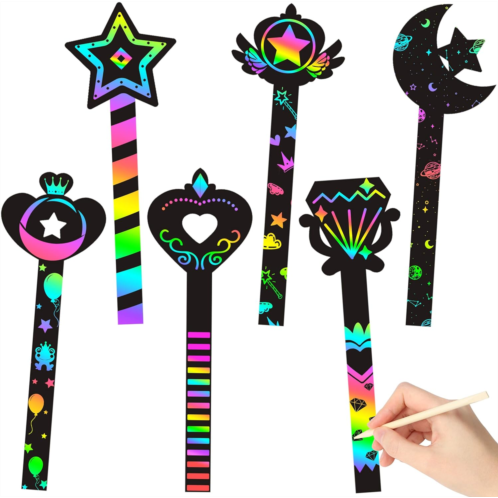 WATINC 30Pcs Fairy Stick Scratch Paper Art Set for Girls Birthday Party, Colorful DIY Craft Kit for Princess Party Favors, Fairy Wand Supplies, Fun Home Activities, Birthday Gifts