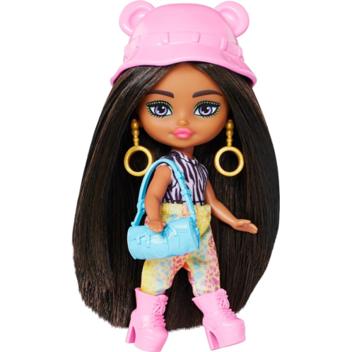 Barbie Extra Mini Minis Travel Doll with Brunette Hair, Zebra-Print Hoodie & Leopard-Print Joggers & Safari Accessories
