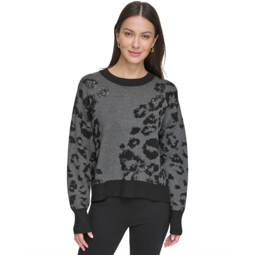 Womens DKNY Long Sleeve Sequin Animal Sweater