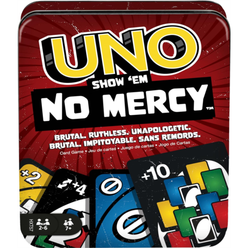 Mattel Games UNO Show ‘em No Mercy Card Game in Storage & Travel Tin for Kids, Adults & Family Night with Extra Cards, Special Rules & Tougher Penalties (Amazon Exclusive)