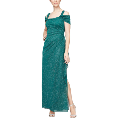 Alex Evenings Long Cold Shoulder Glitter Mesh Gown with Cowl Neckline