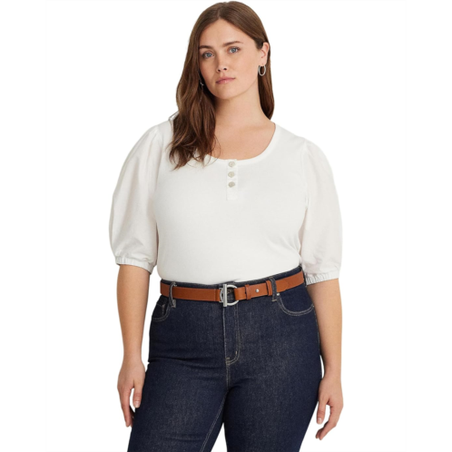 POLO RALPH LAUREN Womens Lauren Ralph Lauren Plus-Size Stretch Cotton Puff-Sleeve Henley Tee