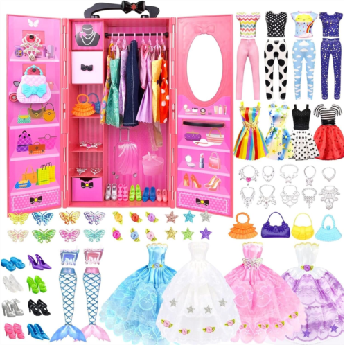 VLUSSO 84 Pack Doll Clothes and Accessories with Doll Closet for 11.5 Inch Doll Fashion Design Kit Girl Doll Dress Up Including Wedding Dress Fashion Dress Outfits Tops and Pants Shoes Ha