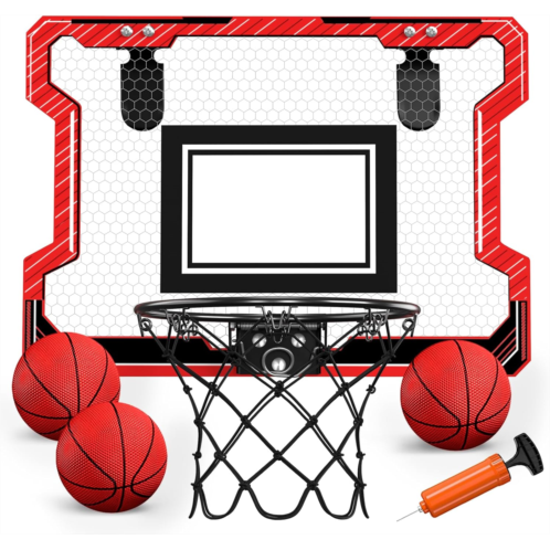 HYES Mini Basketball Hoop Indoor, Door Basketball Hoop with 3 Balls & Inflator, Basketball Toy Gifts for Kids Boys Girls Teens Adults, Suit for Bedroom/Office/Outdoor/Pool, Red