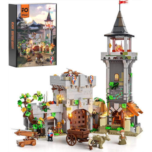 FUNWHOLE Medieval Watchtower Lighting Building-Bricks Set - Guardiance Castle with Soldier Farmer Minifigures Collectible Display Set 1625 Pcs for Adults and Teen
