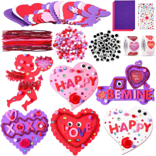 Gersoniel 342 Packs Valentines Day Foam Craft Set Includes Assorted Shaped Foam Stickers Cutouts with Heart Alphabets Sticker Glitter Pom Poms Googly Eyes Chenille Stems Gem Stickers for DIY
