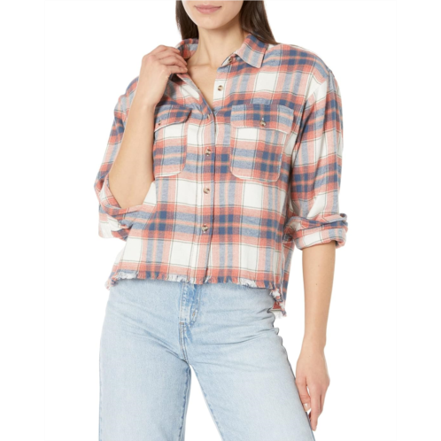 Womens Lucky Brand Raw Edge Plaid Cropped Button-Down Shirt