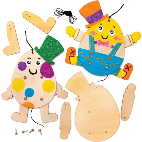 Baker Ross AT446 Easter Egg Man Wooden Puppet Kits - Pack of 4, Story Telling, Woodcraft Painting for Kids, Great for Art Parties, Schools and Festive Crafting Activities