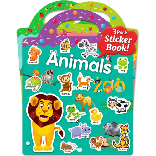 Benresive Reusable Sticker Books for Kids 2-4, 3 Sets Sticker Books for Toddlers 1-3, Toddler Sticker Book Age 2-4, 94 Pcs Cute Waterproof Stickers for Teens Girls Boys - Animals,