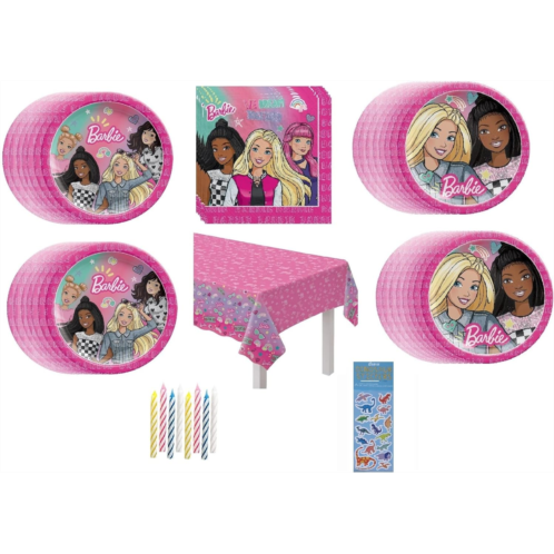 Amscan Barbie Dream Birthday Party Supplies Bundle Pack includes Dessert Plates, Lunch Plates, Napkins, Table Cover, Candles (Bundle for 16)