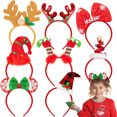 HOVACY 8 PCS Christmas Headbands, Cute Christmas Head Boppers with Antler Bow Elf Xmas Tree Buffalo Designs, Costume Headwear Party Hat Christmas Photo Prop Booth Headbands for Kids Men W