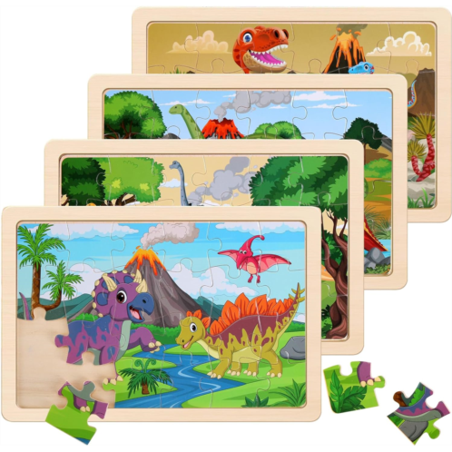 NASHRIO Wooden Puzzles Dinosaur Toys for Kids Ages 3-5, Set of 4 Packs Wood Jigsaw Puzzles, Preschool Educational Brain Teaser Boards for Boys and Girls 3 4 5 6 Years Old