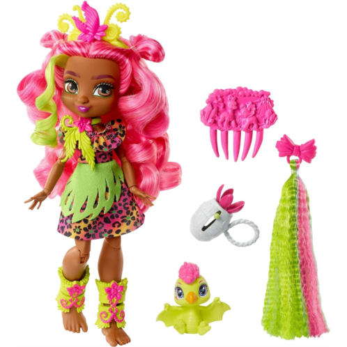 Mattel Cave Club Fernessa Doll (8-10-inch, Pink Hair) Poseable Prehistoric Fashion Doll with Dinosaur Pet and Accessories, Gift for 4 Year Olds and Up