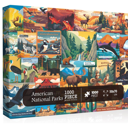 American National Parks Puzzle for Adults 1000 Pieces, PICKFORU Travel Poster Landscape Puzzle Scenery of Zion Yellowstone Yosemite with Animals, Scenic Jigsaw Puzzles for Adults M