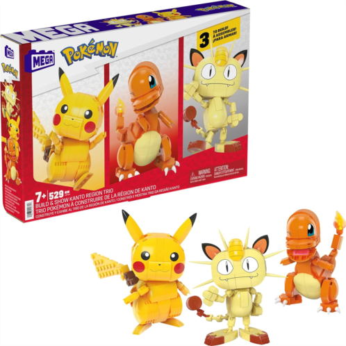 MEGA Pokemon Building Toys Set Kanto Region Trio with 529 Pieces and 3 Poseable Characters, 4 Inches Tall, for Kids