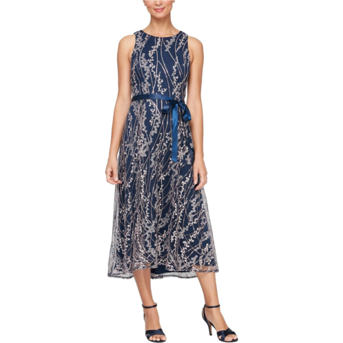 Womens Alex Evenings Midi Length Embroidered Dress with Satin Tie Belt