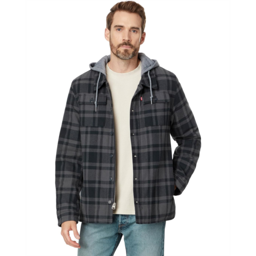 Mens Levis Washed Cotton Shirt Jacket with A Jersey Hood and Sherpa Lining
