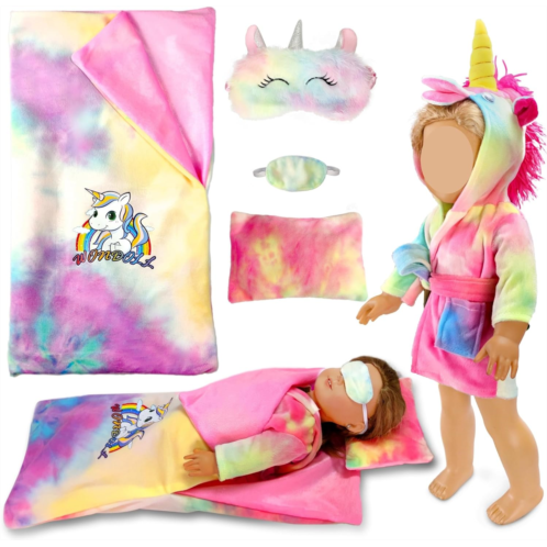 WONDOLL 18-inch Doll Clothes and Doll Sleeping Bag Set with Matching Sleepover Masks & Pillow