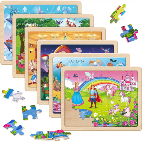 SYNARRY Unicorn Mermaid Princess Fairy Wooden Puzzles for Kids Ages 4-6, 6 Packs 60 PCs Jigsaw Puzzles for Kids Ages 4-8, Preschool Toys Gifts for Toddlers 3-5, Wood Puzzles for 3
