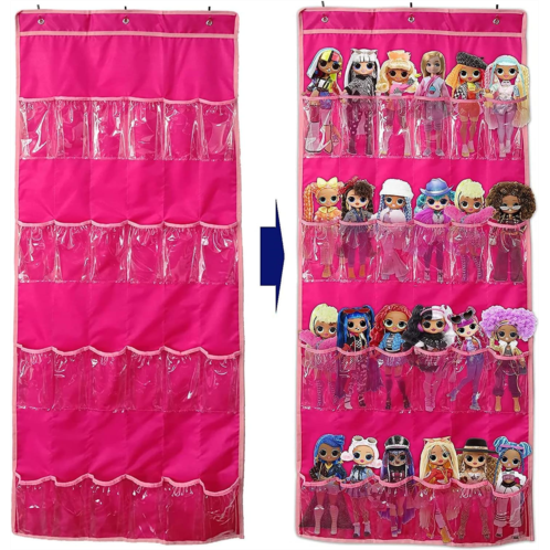 LINPOPUP Hanging Over Door Toy Storage Organizer (24 Pockets), Compatible with Lol Omg Dolls Barbie Dolls Surprise Doll (Toys Not Included), Deeppink (57.5x22)