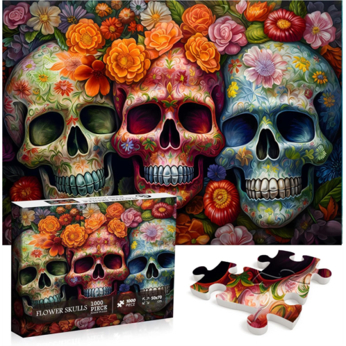 Day of The Dead Sugar Skull Puzzles for Adults 1000 Pieces, Halloween Puzzles 1000 Pieces, PICKFORU Flower Skeleton Puzzle as Skeleton Halloween Decor, Dia De Los Muertos Jigsaw Pu