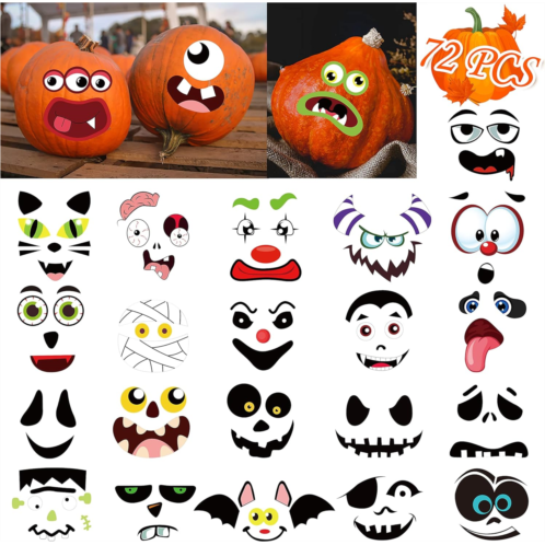 Jollylife 72 Expressions Pumpkin Decorating Stickers Kit Halloween Crafts for Kids - Make Your Own Jack-O-Lantern Face Decals Party Decorations