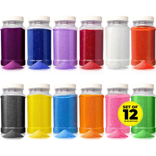 Podzly 16.5 Pound Colored Play Sand - Assorted Colorful Craft Art Available in 12 Colors! Perfect for Sand Art, Crafts, Kids Projects, Rangoli Colors, and DIY Kits for Kids. Explore Your