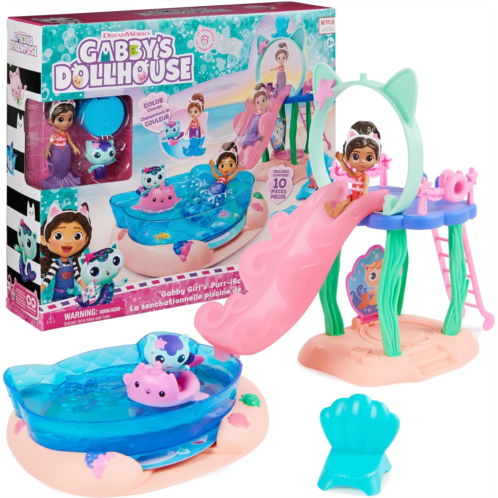 Gabby  s Dollhouse Gabbys Dollhouse, Purr-ific Pool Playset with Gabby and MerCat Figures, Color-Changing Mermaid Tails and Pool Accessories Kids Toys for Ages 3 and Up