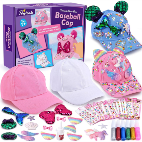 Toylink Art Craft Gifts for Girls Decorate Your Own Unicorn Baseball Cap Hat, 4 Cap & 10 Gems Stickers & Supplies, Fun Arts and Crafts Kit for Kids Age 4-12, Craft Birthday Gift for 5 6 7